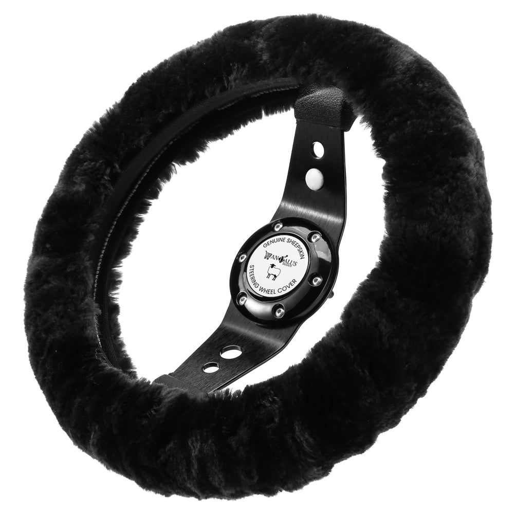 Andalus Brands front view of black Merino steering wheel cover adds elegant comfort