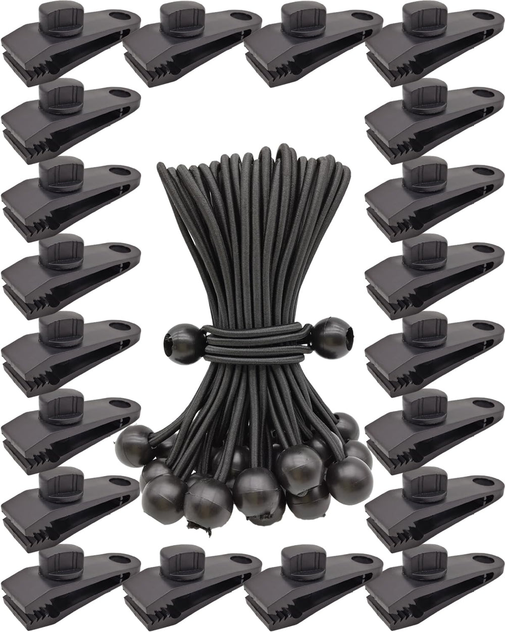 AOBYMIN front packaging showing full 40-piece tarp clip and bungee set, convenient kit