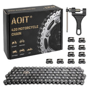 AOIT 420 chain front packed showing full 132 links and included accessories for quick install