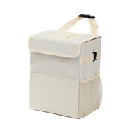 AOKJOY front view showing compact trash can and lid, keeps car clean