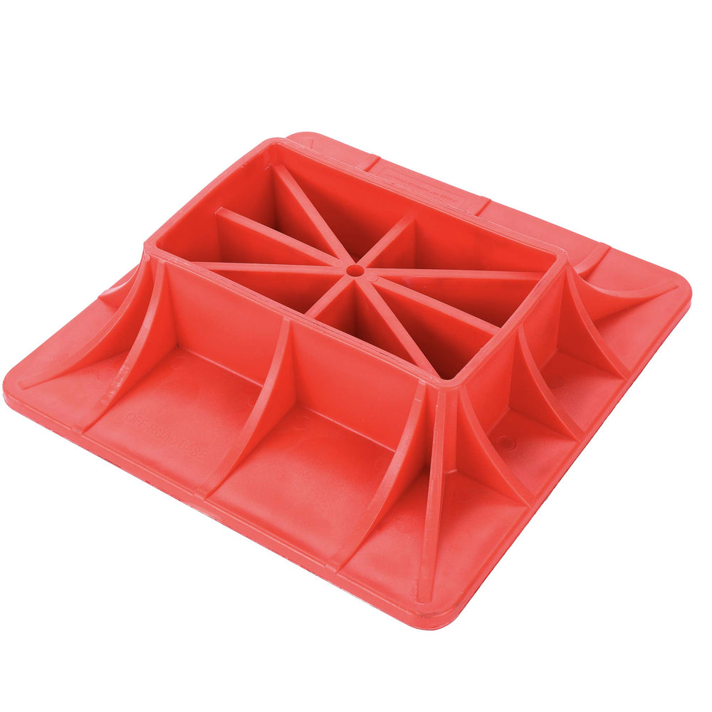 AR-PRO front view of red 11.5x11.5 jack base showing wide stabilizing platform benefit