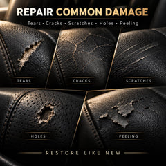 ARCSSAI before and after car seat repair illustrating restored black upholstery