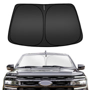 ARISMOTOR front view of custom-fit Expedition sun shade protecting windshield
