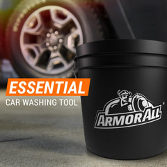 Armor All bucket beside measuring cup demonstrating 3.5-gallon capacity for consistent suds