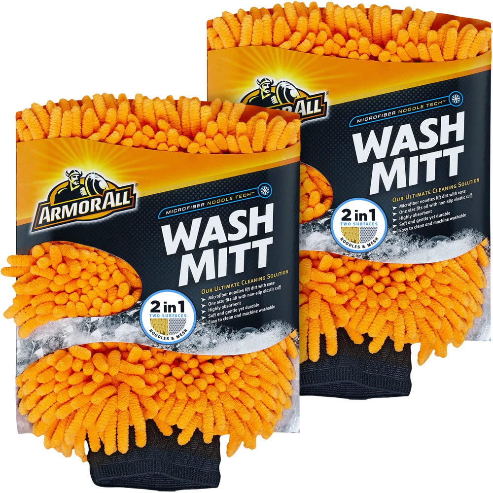 Armor All front packaging showing two microfiber wash mitts and benefits