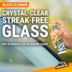 Armor All glass cleaner in use wiping windshield for streak-free benefit