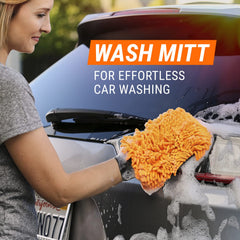 Armor All mitt on hand cleaning car panel for safer washing control