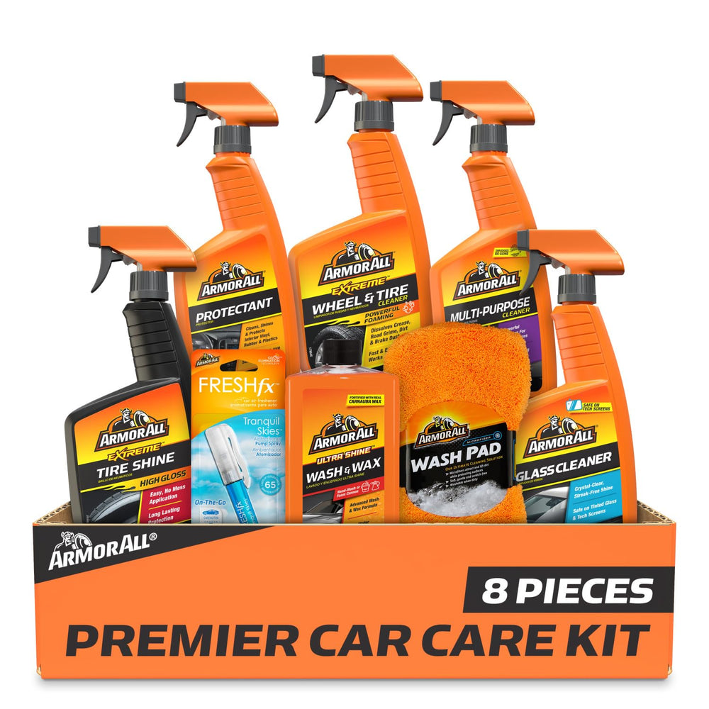 Armor All kit front packaging showing all eight car care products and benefits