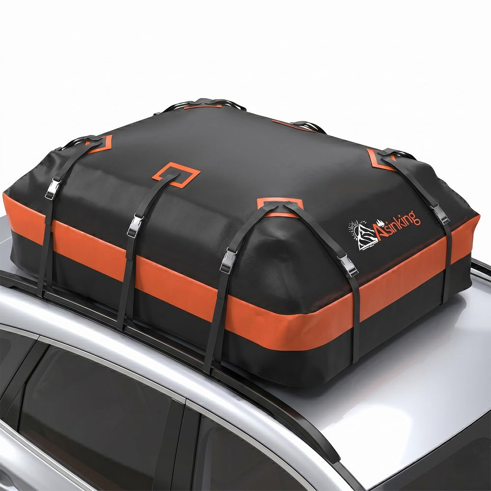 Asinking front view packed rooftop bag showing weatherproof protection and extra cargo