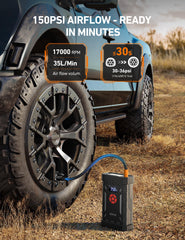 AstroAI air compressor hose attached inflating a car tire for fast roadside repairs