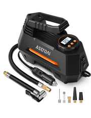 AstroAI AIRUN H front view showing orange housing and control panel, reliable inflation