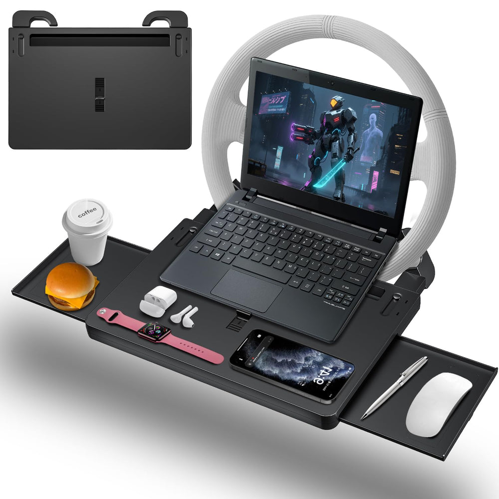 AUEOTUAR front view showing tray mounted on steering wheel for quick setup