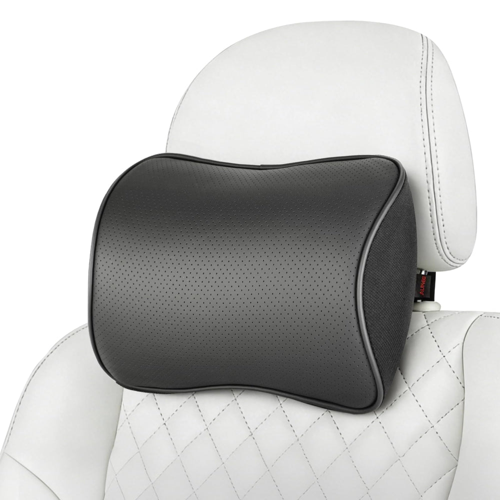 Aukee front view headrest pillow showing sleek leather and shape benefit comfort
