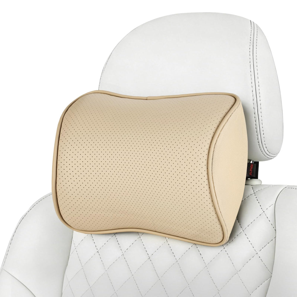 Aukee front view showing beige leather cover and shape for neck support