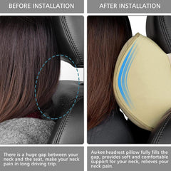 Aukee pillow installed on car headrest illustrating stable travel support