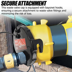 Aussio cap connected to gray-water hose illustrating easy hookup convenience