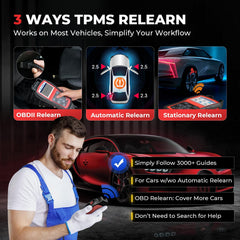 Autel TS508WF connected to vehicle OBD port illustrating ECU write capability and fast relearn