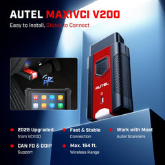 Autel V200 plugged into vehicle OBD port enabling wireless diagnostics on tablet