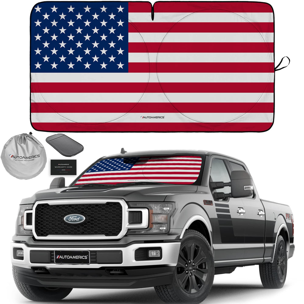 Autoamerics front view USA flag shade showing full windshield coverage and cool interior benefit