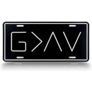 Autobase front view of black embossed plate shows bold faith message and durable finish