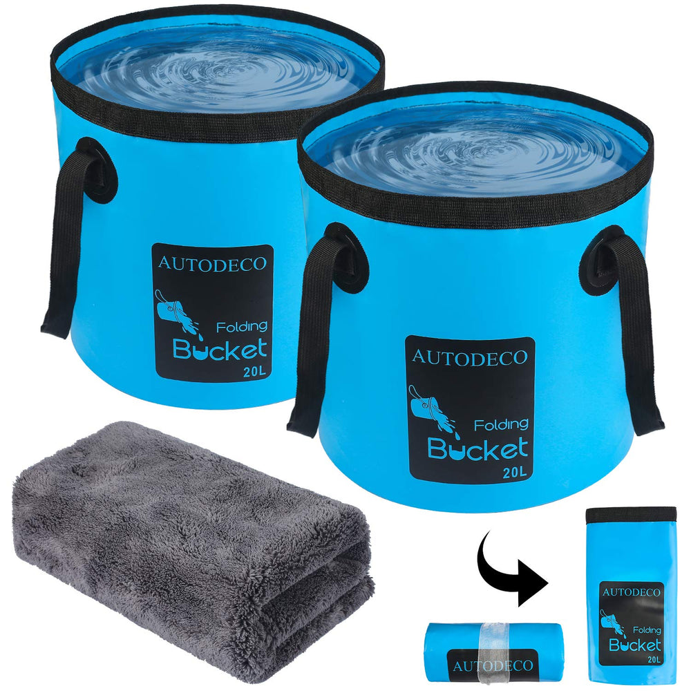 AUTODECO front view of two blue buckets showing compact packaging and portability