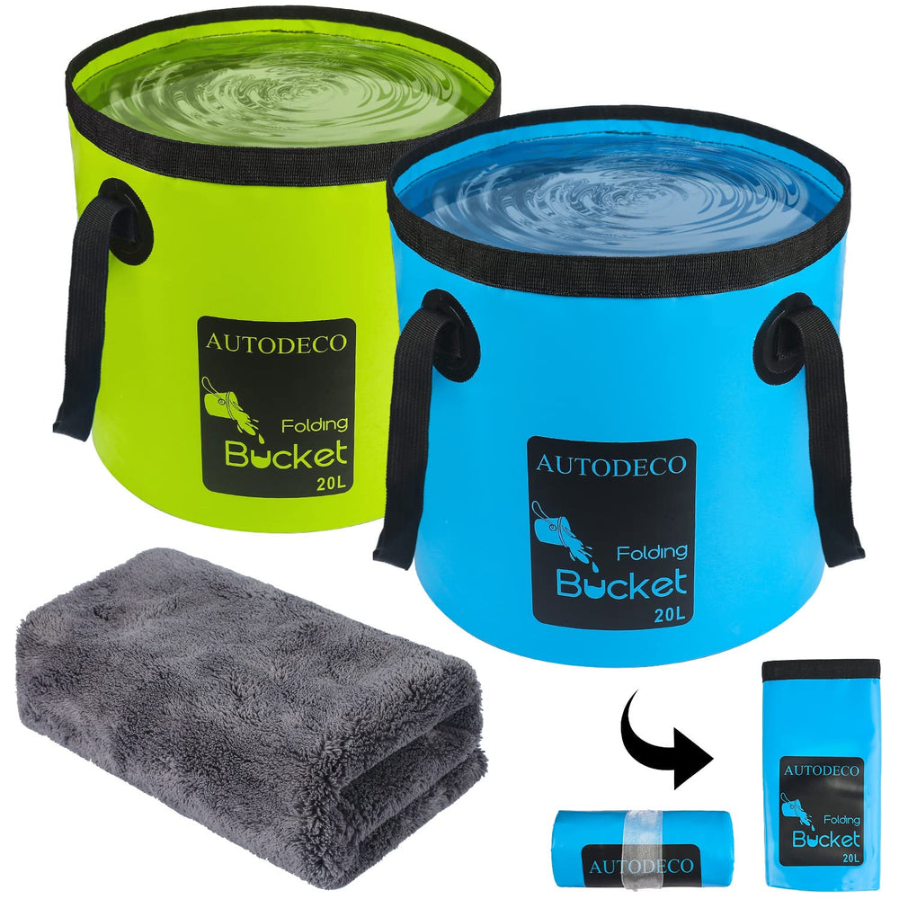 AUTODECO front view showing blue and green buckets for compact water storage