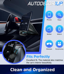 Autodecor 1Up installed in Tesla dashboard securing items and preserving OEM look