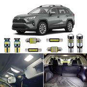 AUTOGINE retail packaging for RAV4 LED interior kit showing contents and model fitment benefits