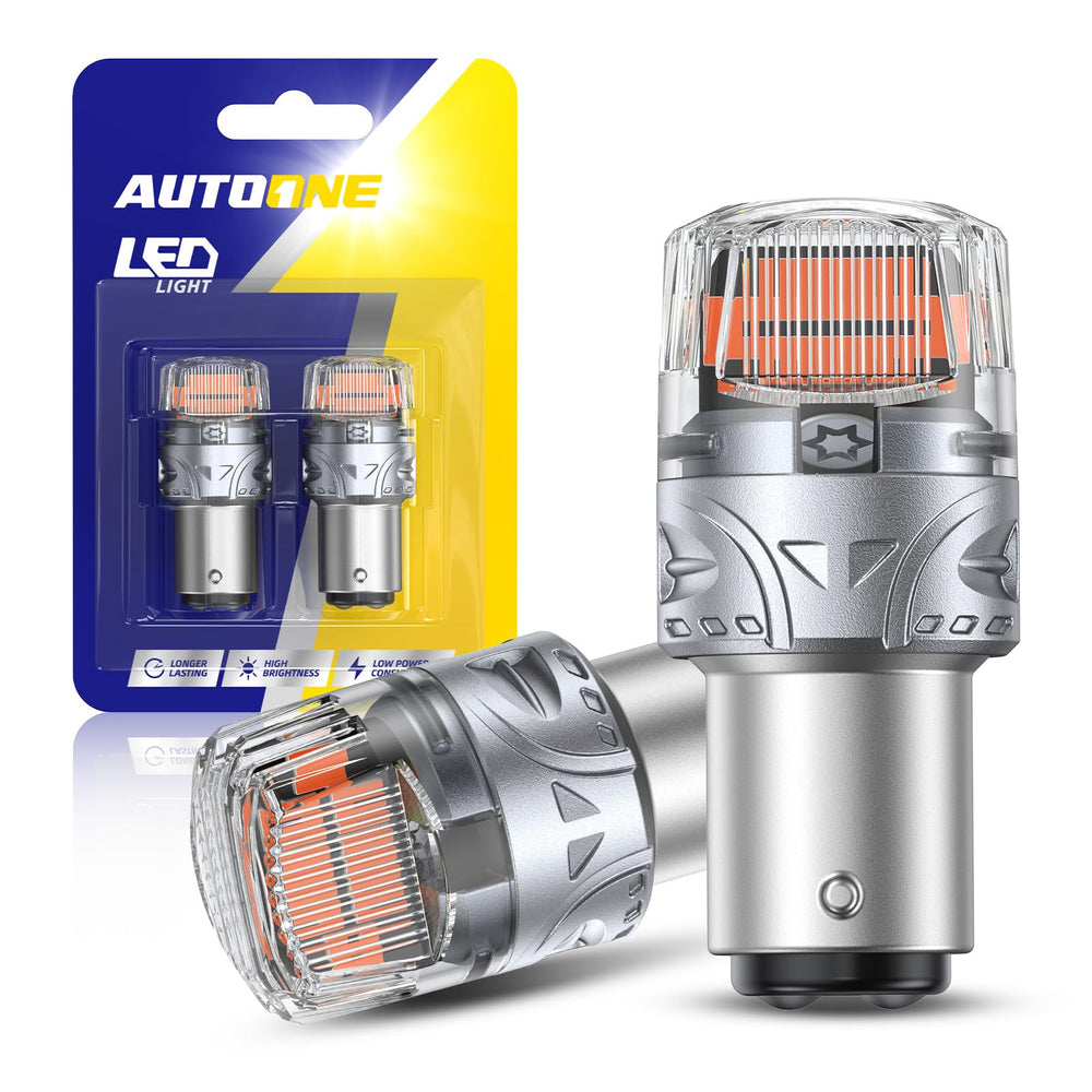 AUTOONE front view of 1157 red LED bulb showing plug-and-play base and bright lens