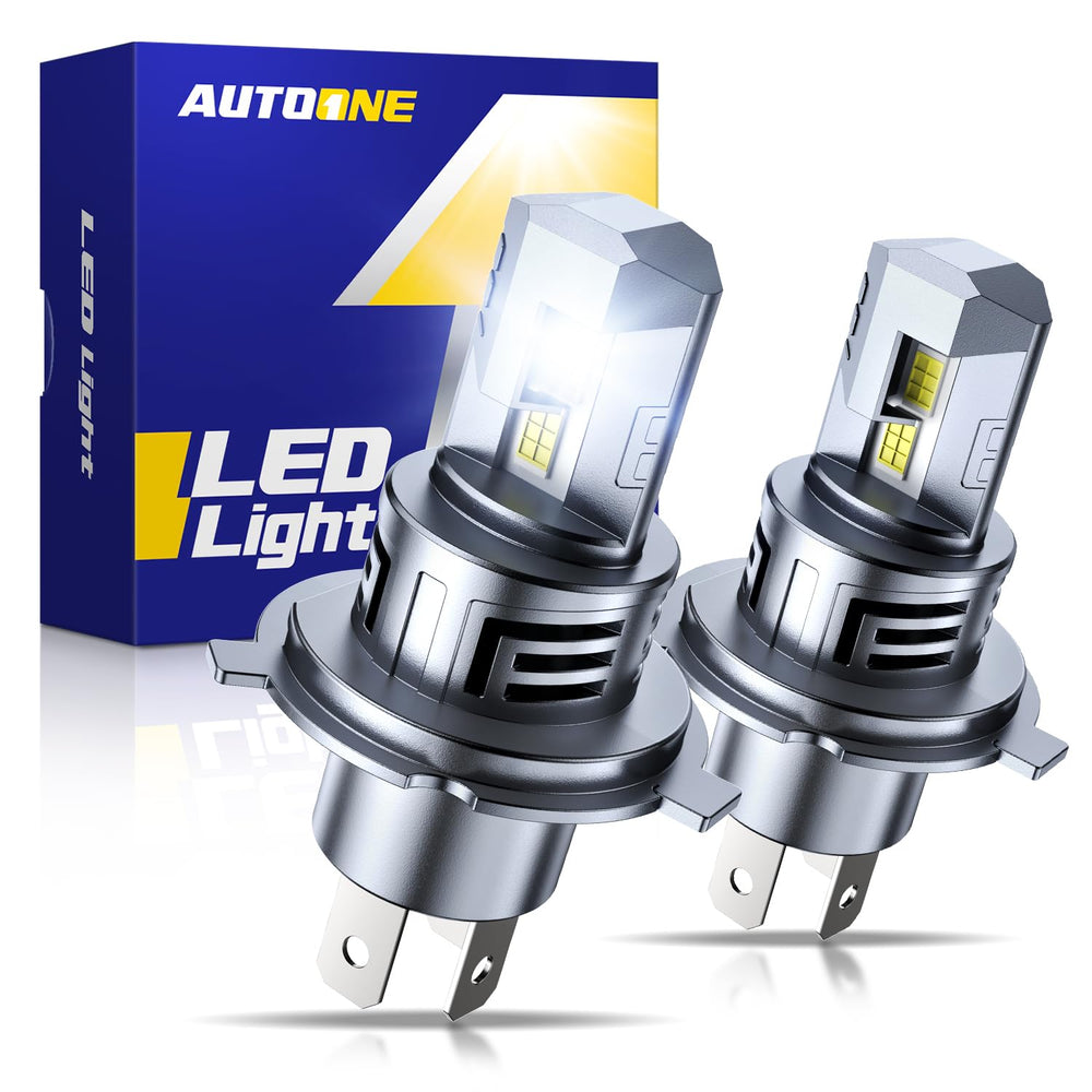 AUTOONE H4 front view pair showing plug-and-play fit and bright white output