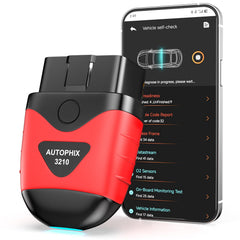 AUTOPHIX 3210 front view showing compact Bluetooth OBD2 plug and LED indicators for easy diagnostics