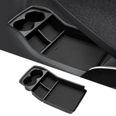 Autorder front view of EV9 center console organizer showing tidy storage and easy access