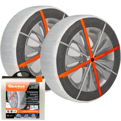 AUTOSOCK front packaging showing pack of two and easy storage benefit