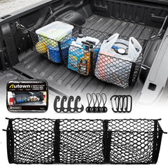 AUTOWN front view of cargo net securing mixed items, keeps load organized
