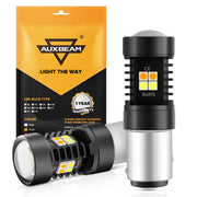 Auxbeam 1157 front view showing dual-color LEDs and plug-in base for easy upgrade