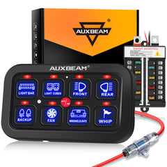 Auxbeam BB80 front panel showing eight switches and clear labels for organized control