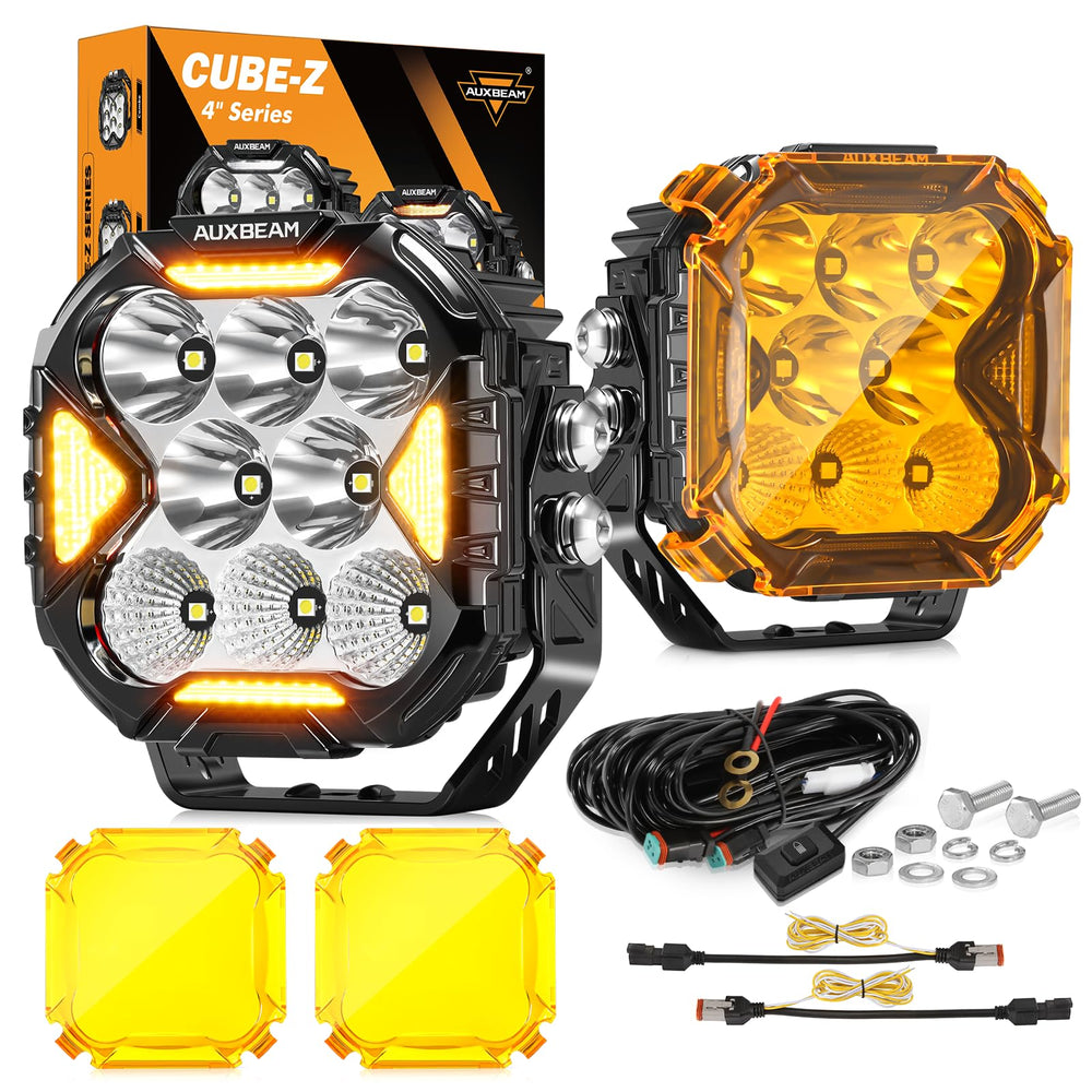 Auxbeam Cube-Z front view showing compact housing and lens for versatile mounting