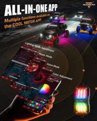 Auxbeam lights in music mode showing responsive color pulses for ambiance