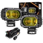 Auxbeam R4 front view showing square amber lens and bright output