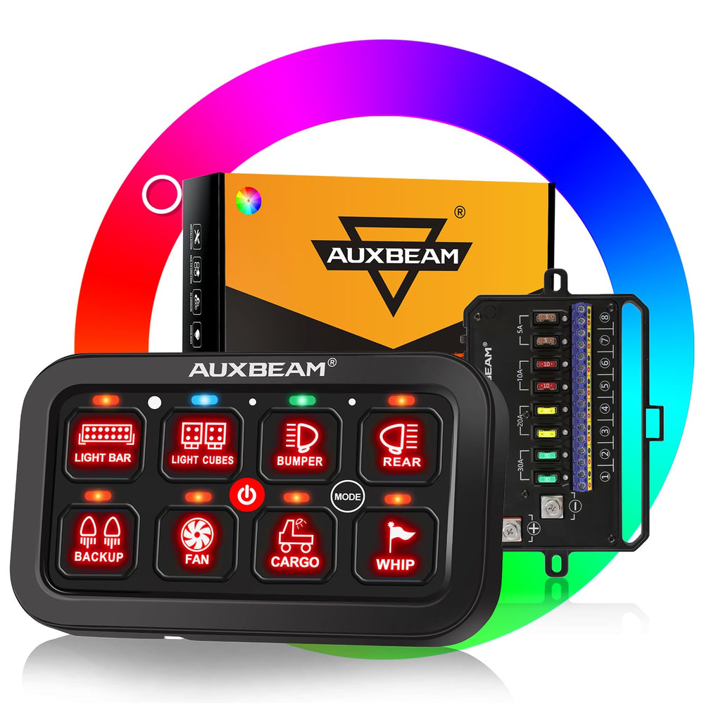 Auxbeam RA80 front panel shows RGB buttons and clear labeling for easy control