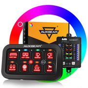 Auxbeam RB80 front view showing eight labeled switches and benefits of centralized control
