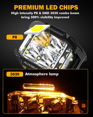Auxbeam V-MAX side shooter detail highlighting lateral LEDs for wider coverage benefit