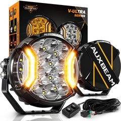 Auxbeam V-Ultra front view showing round pod and lenses for bright road illumination