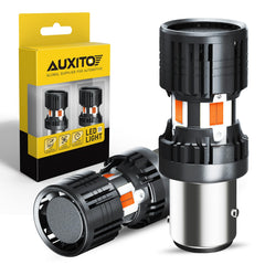 AUXITO front view of packaged 1157 amber LED bulbs showing product and benefits