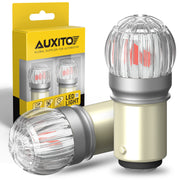 AUXITO front view of 1157 red LED bulb showing clear lens and bright red output benefit