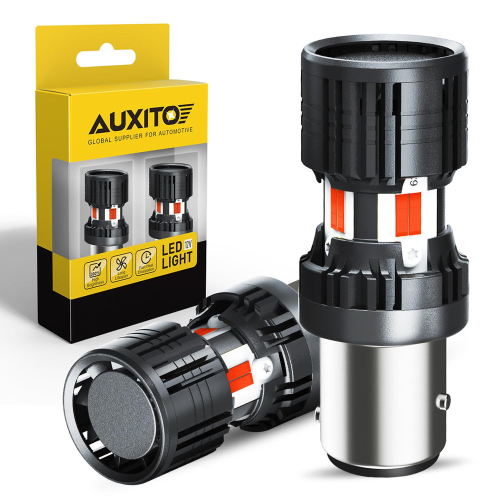 AUXITO 1157 red bulb front view showing bright lens and metal housing for clear signaling