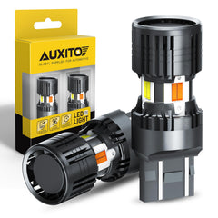 AUXITO front view bulb pair showing compact dual-color design and plug-and-play benefit