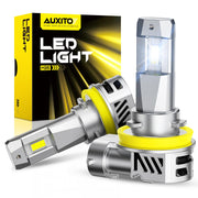 AUXITO front packaging showing two H11 LED bulbs and key specs, quick identification benefit