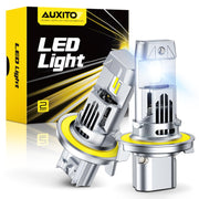 AUXITO H13 front view showing two bulbs and packaging, highlighting quick install benefit