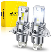 AUXITO H4 front packaging showing bulbs and benefits like bright 6500K light